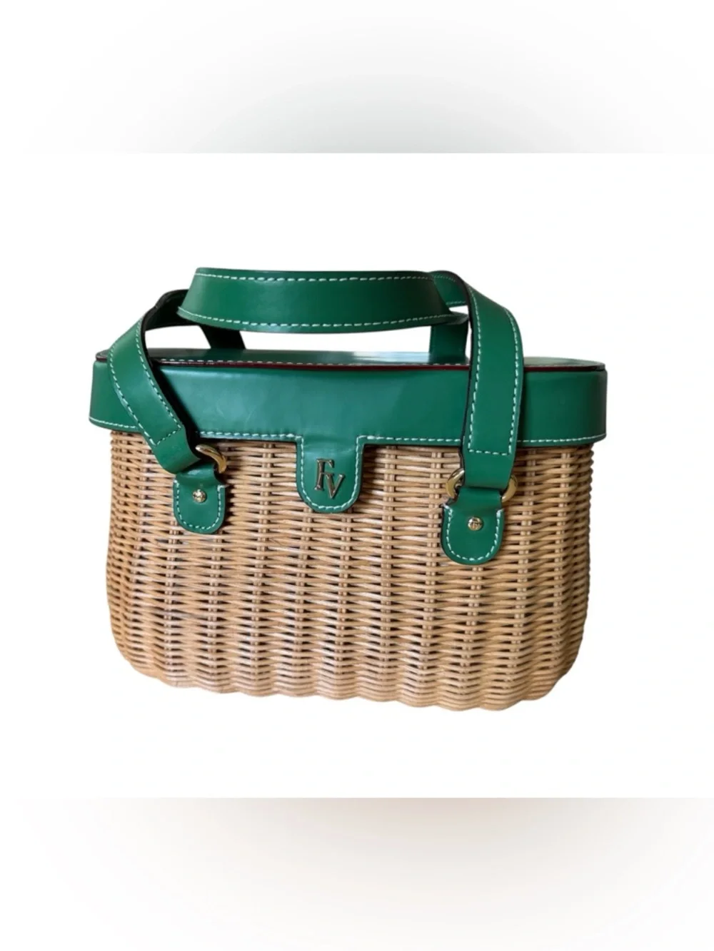 Frances Valentine Willow Wicker Basket Satchel Bag Natural and Green - Picture 3 of 11
